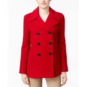 Calvin Klein Women Red Wool-Cashmere Double-Breasted Peacoat Size 2 Long Sleeve